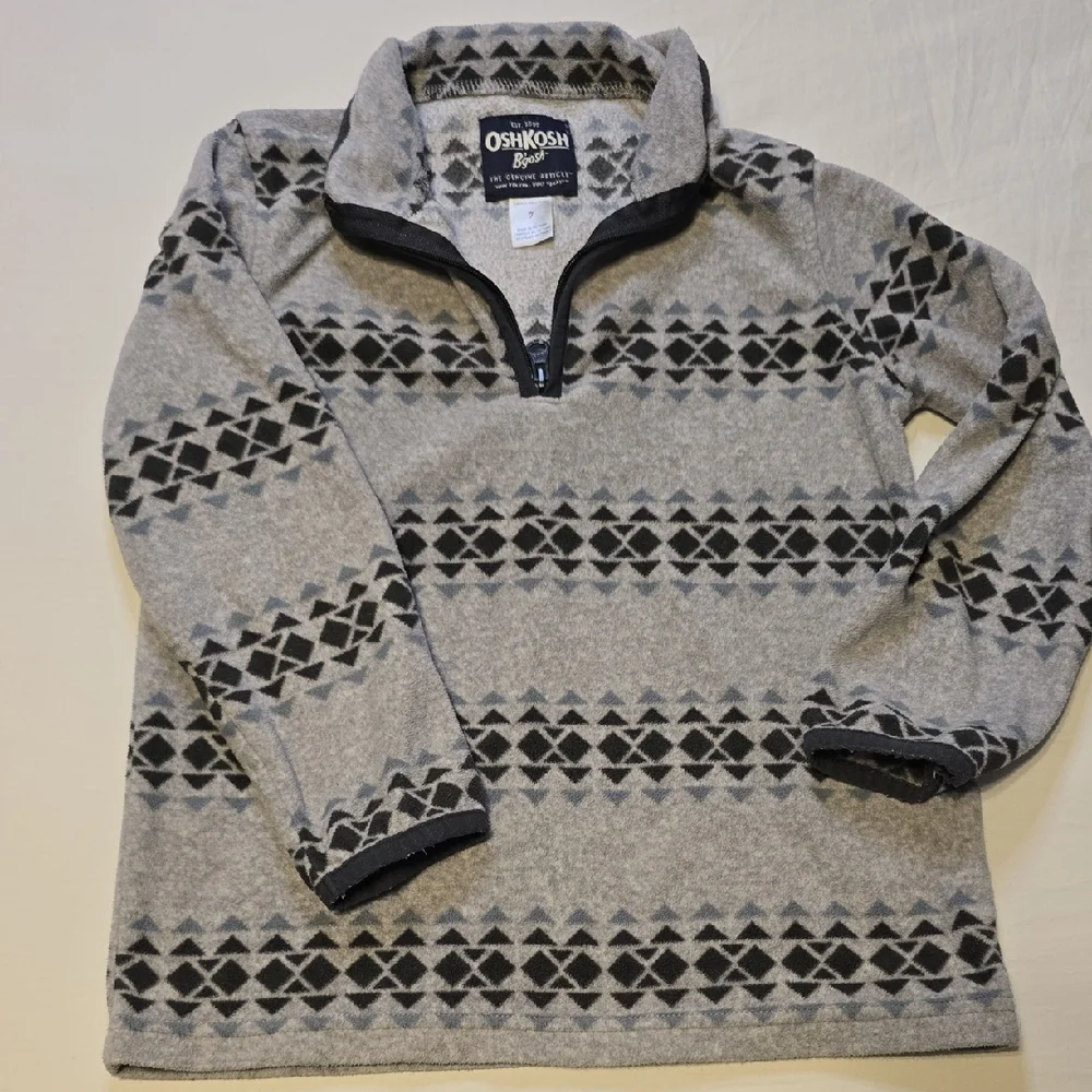 OshKosh Bgosh Kids Grey Geometric Fair Isle Fleece‎ Quarter Zip Pullover Size 7